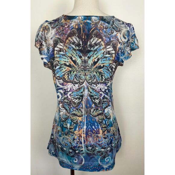 Live and Let Live Sz M Blue bohemian Shirt soft hippie Y2K Flutter Sleeve Tunic - Picture 3 of 5